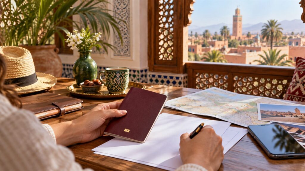 A traveler organizes a passport and trip documents overlooking a Moroccan city.