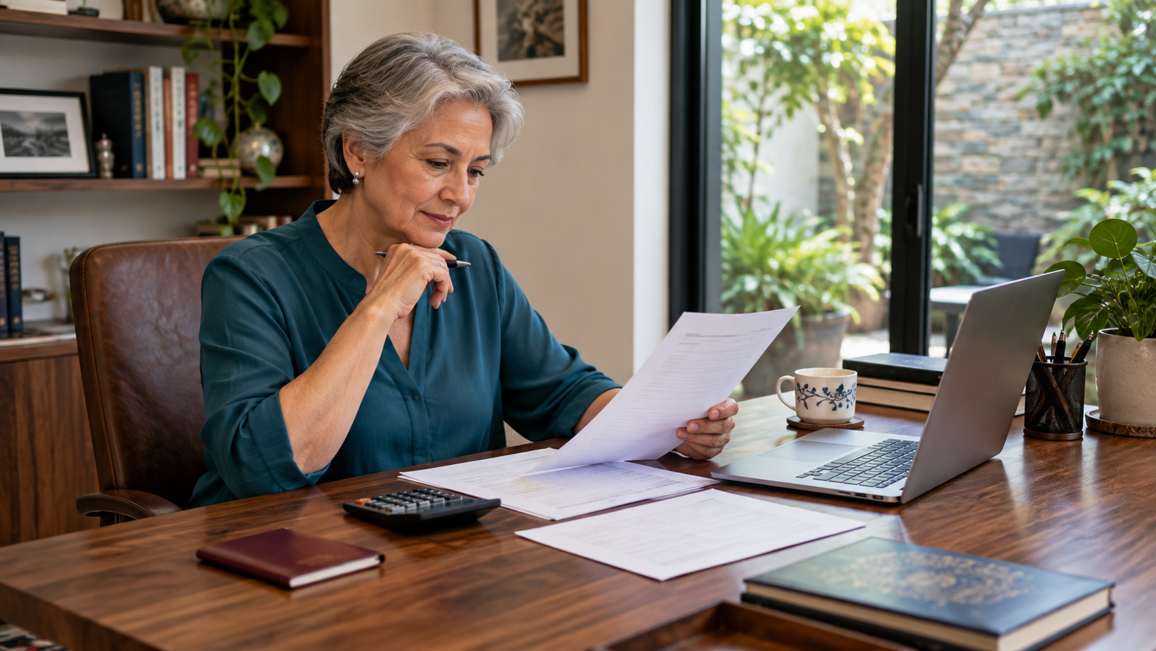 Woman reviewing financial papers with a calculator at a home office desk while planning a visitor visa application.