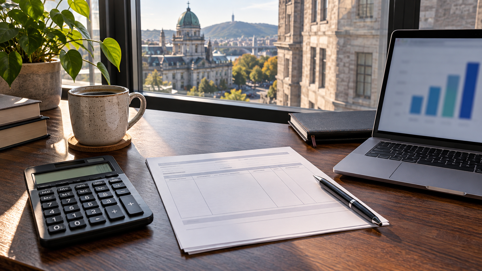 Calculator and blank pay statement on a sunlit Montreal desk beside a laptop with an abstract chart.