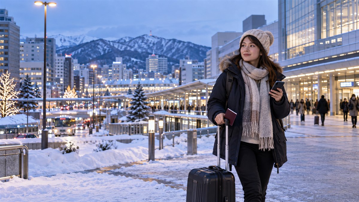 International traveler arriving in snowy Sapporo with a passport and suitcase
