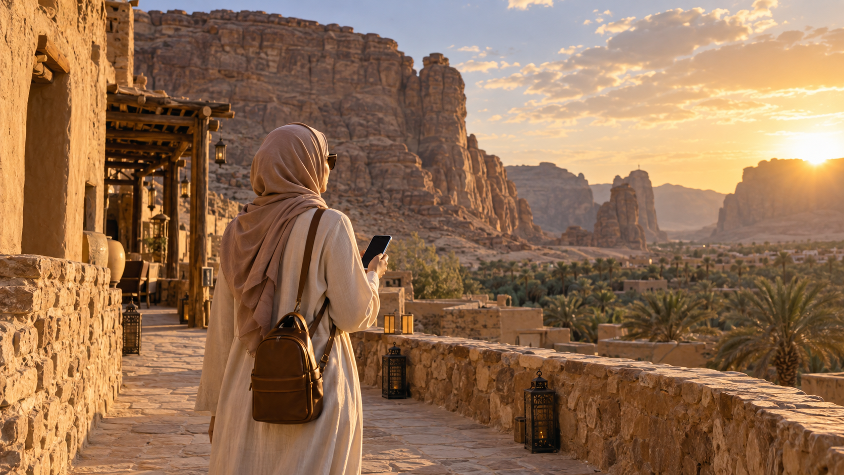 Traveller at an AlUla-style sandstone heritage landscape in Saudi Arabia; conceptual image.