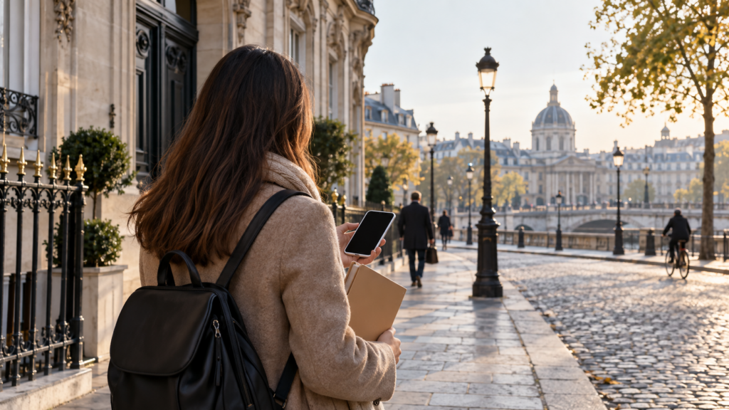Traveller checking a phone and folder on a European city street; conceptual image.