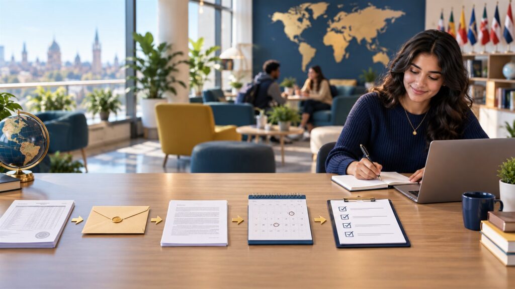 International student organizing documents for a scholarship application