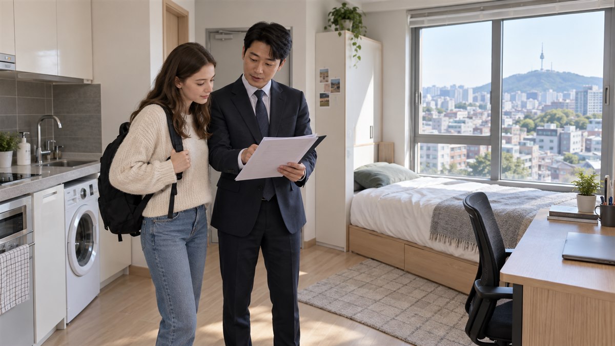 International student inspecting a one-room apartment in Seoul with an agent