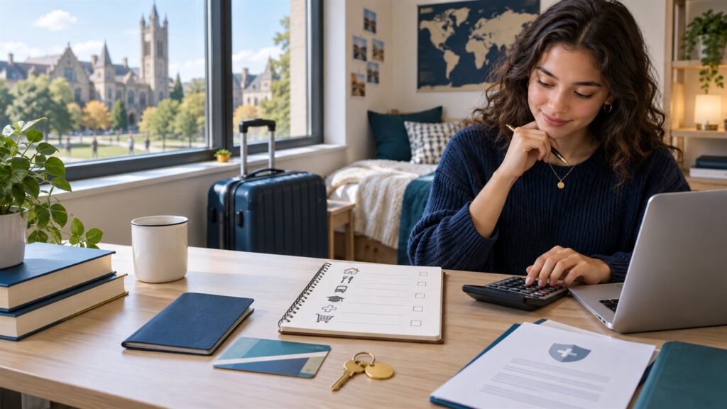 International student calculating tuition and living costs for studying abroad