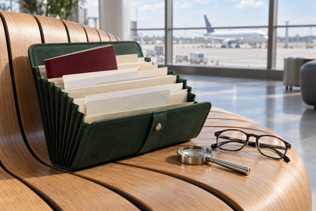Open green travel document organizer with a passport, blank papers and reading glasses in an airport lounge.