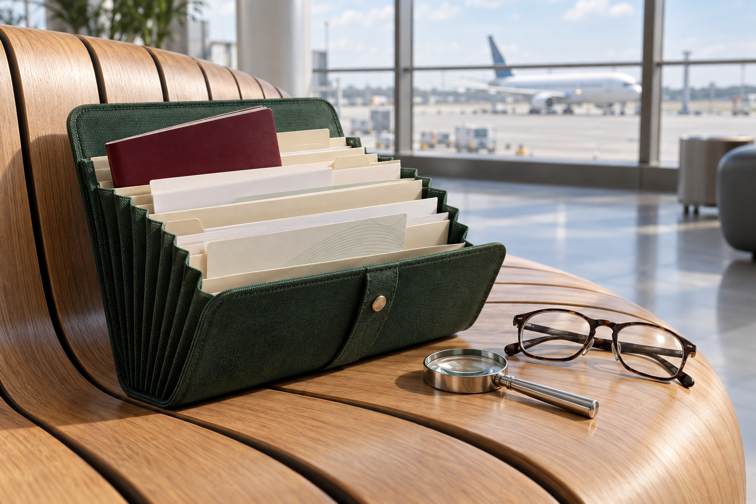 Open green travel document organizer with a passport, blank papers and reading glasses in an airport lounge.