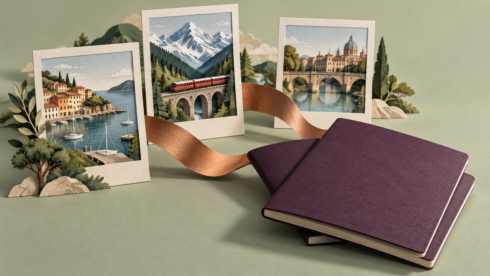 Layered paper illustration of a harbor, alpine railway and stone bridge connected to two travel booklets.