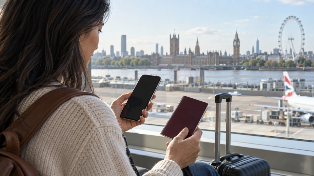 Traveller checking a phone and passport at an airport overlooking London; conceptual image.