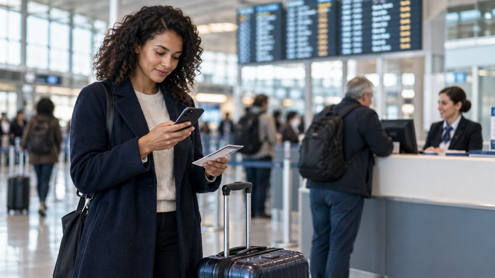 A passenger checks rebooking options after a cancelled UK flight.