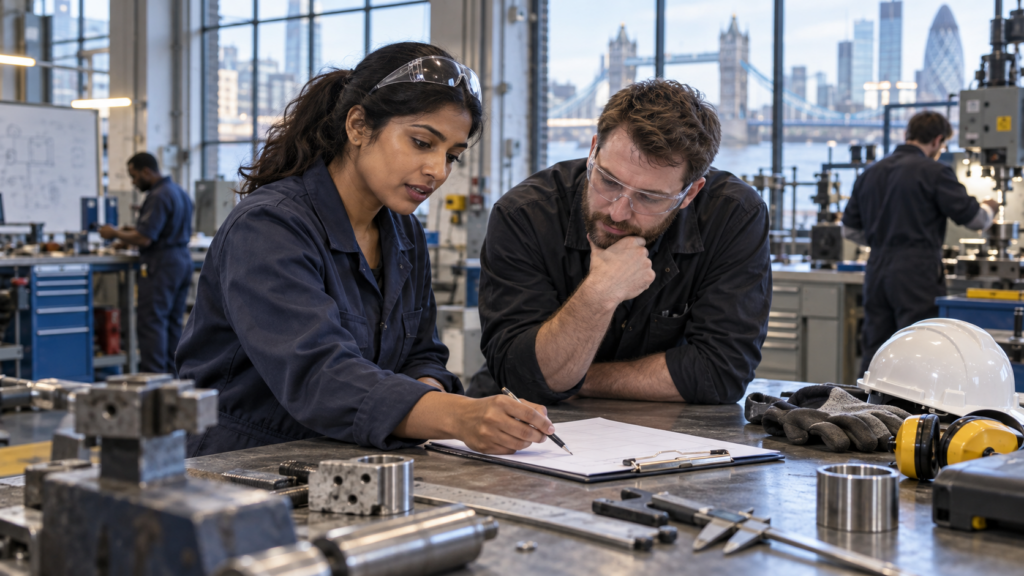 Engineering colleagues comparing a cost worksheet in a UK workshop.