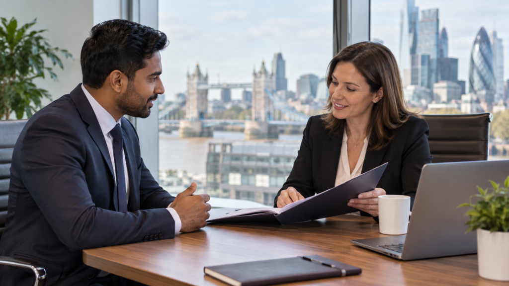 International job applicant discussing an offer with an employer in a London office; conceptual image.
