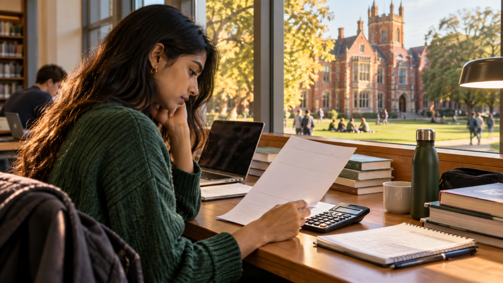 International student reviewing expenses with a calculator in a British university library.
