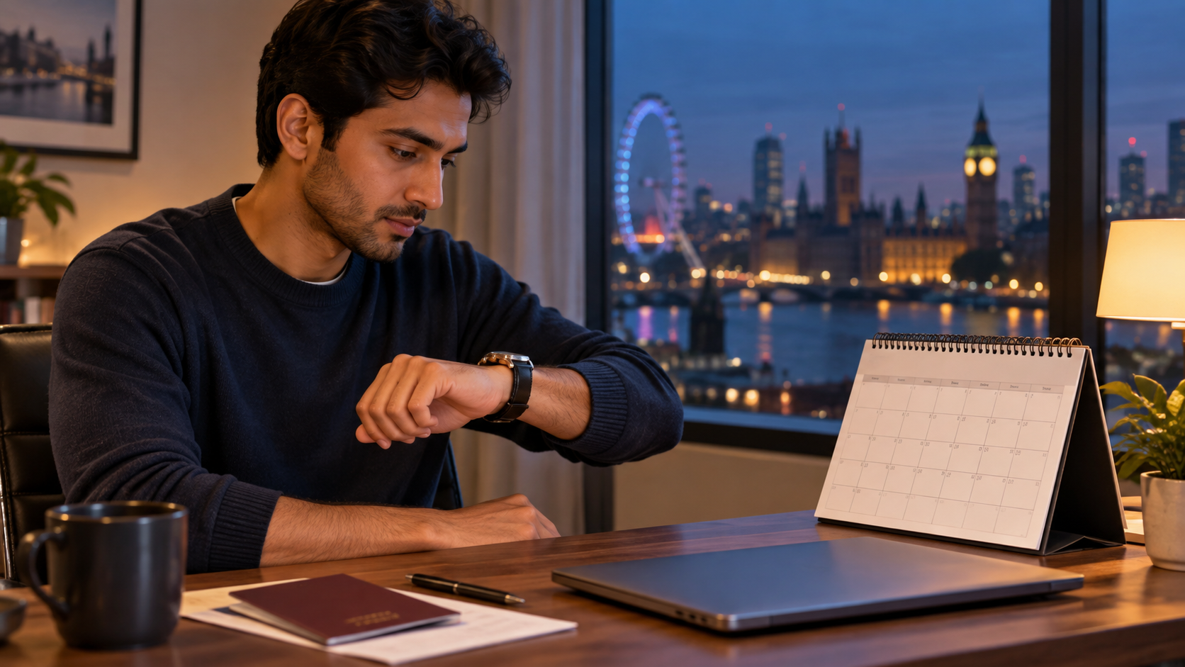 Applicant checking a wristwatch beside a UK visa appointment calendar at dusk.