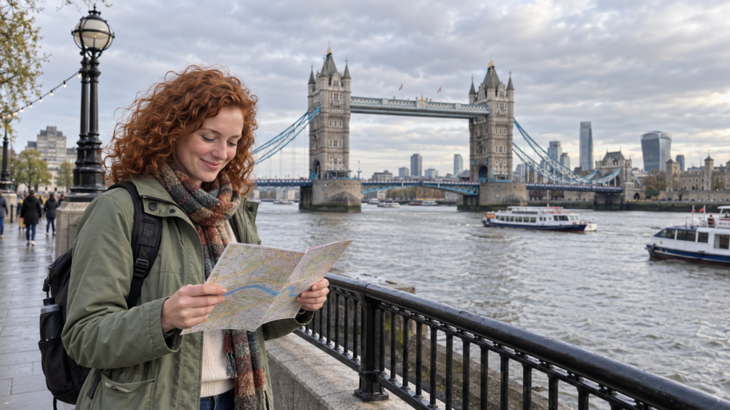 Tourist checking a map beside the River Thames with Tower Bridge in the background