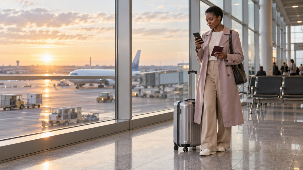 Traveller checking her phone with a passport and suitcase at an airport departure lounge