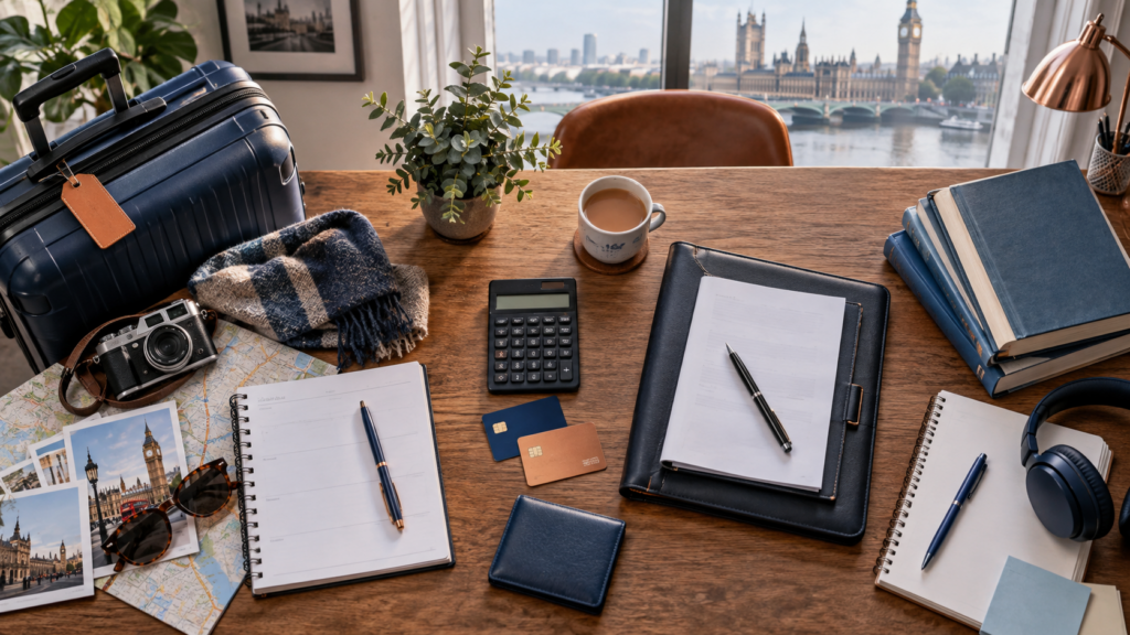 Overhead view of a traveller, worker and student planning UK application costs around a calculator.