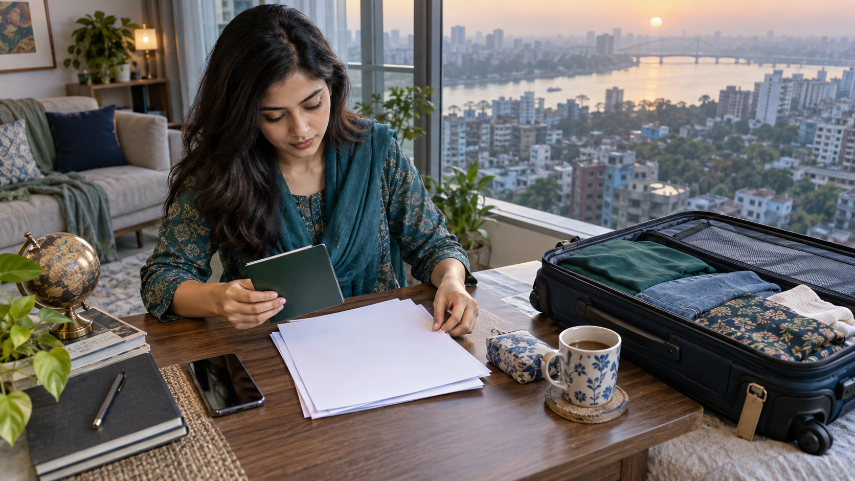 Bangladeshi traveller preparing a UK trip in a Dhaka apartment.