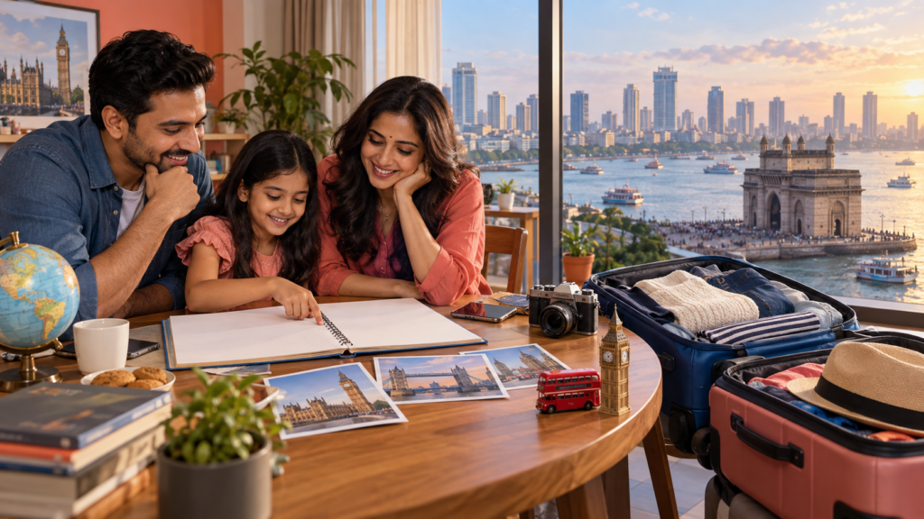 Indian family in Mumbai planning a UK holiday together.