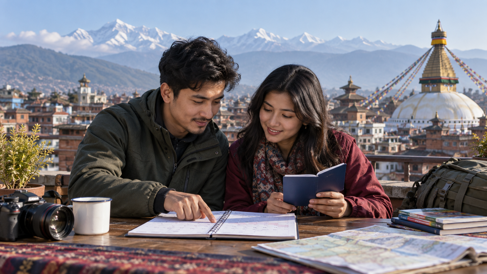 Nepali couple planning a UK trip in Kathmandu with mountains beyond.