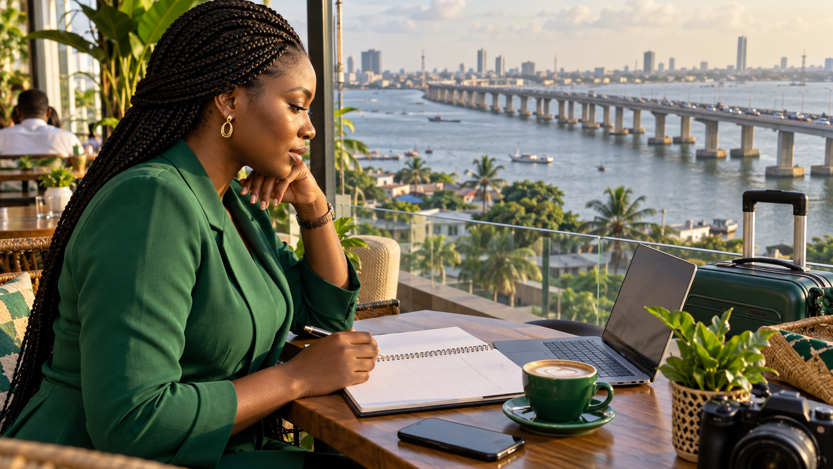 Nigerian traveller planning a UK visit above the Lagos lagoon.