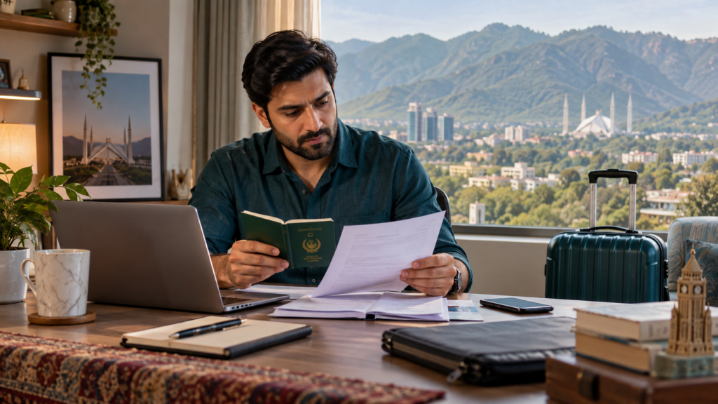 Pakistani traveller reviewing a UK trip in an Islamabad apartment.
