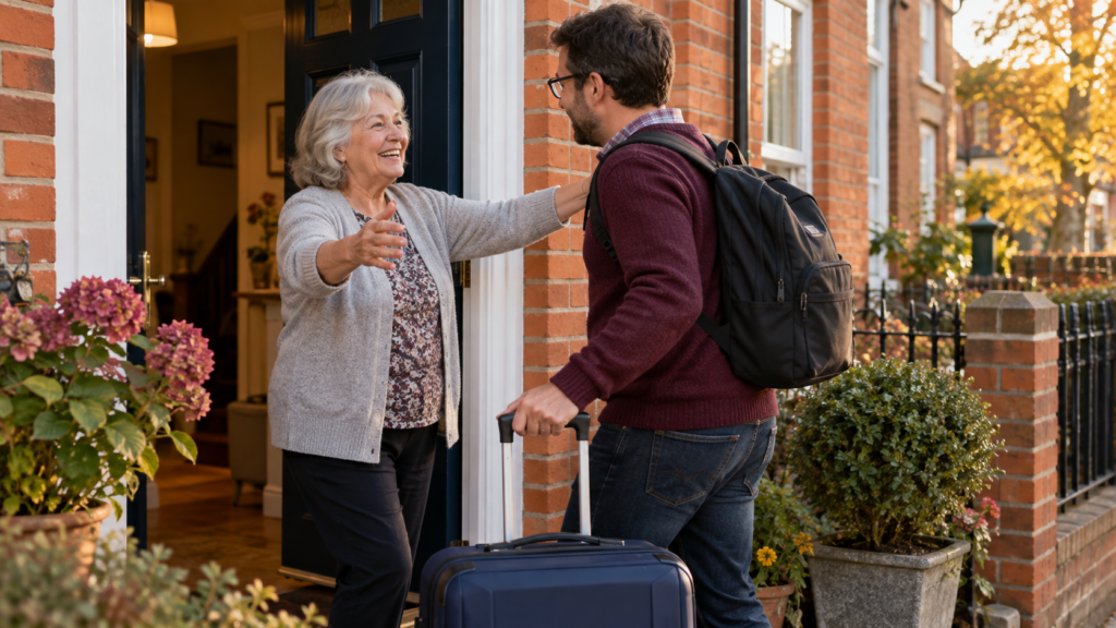 Host welcoming a visiting relative with a suitcase at a British home