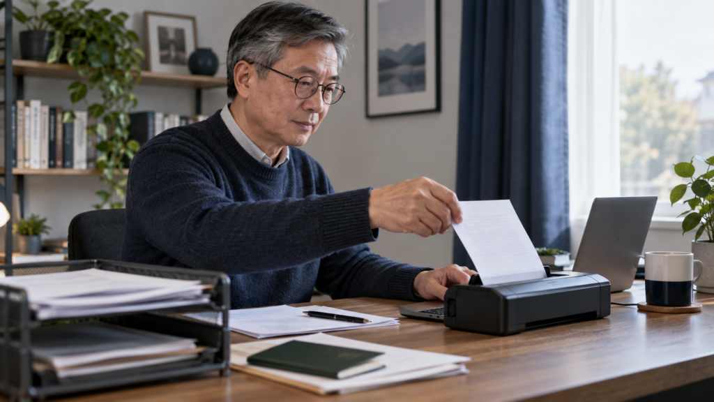 Traveller scanning supporting documents beside a laptop while preparing a UK visit visa application