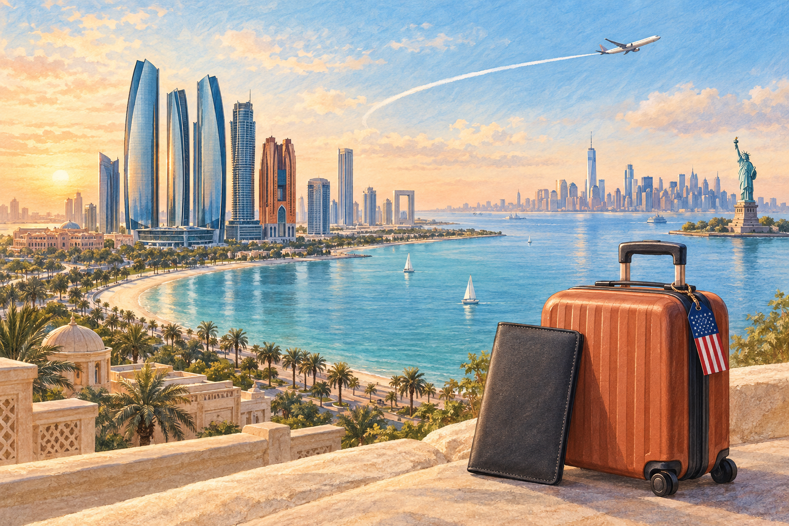 Conceptual illustration of Abu Dhabi and New York skylines with a suitcase and travel wallet.
