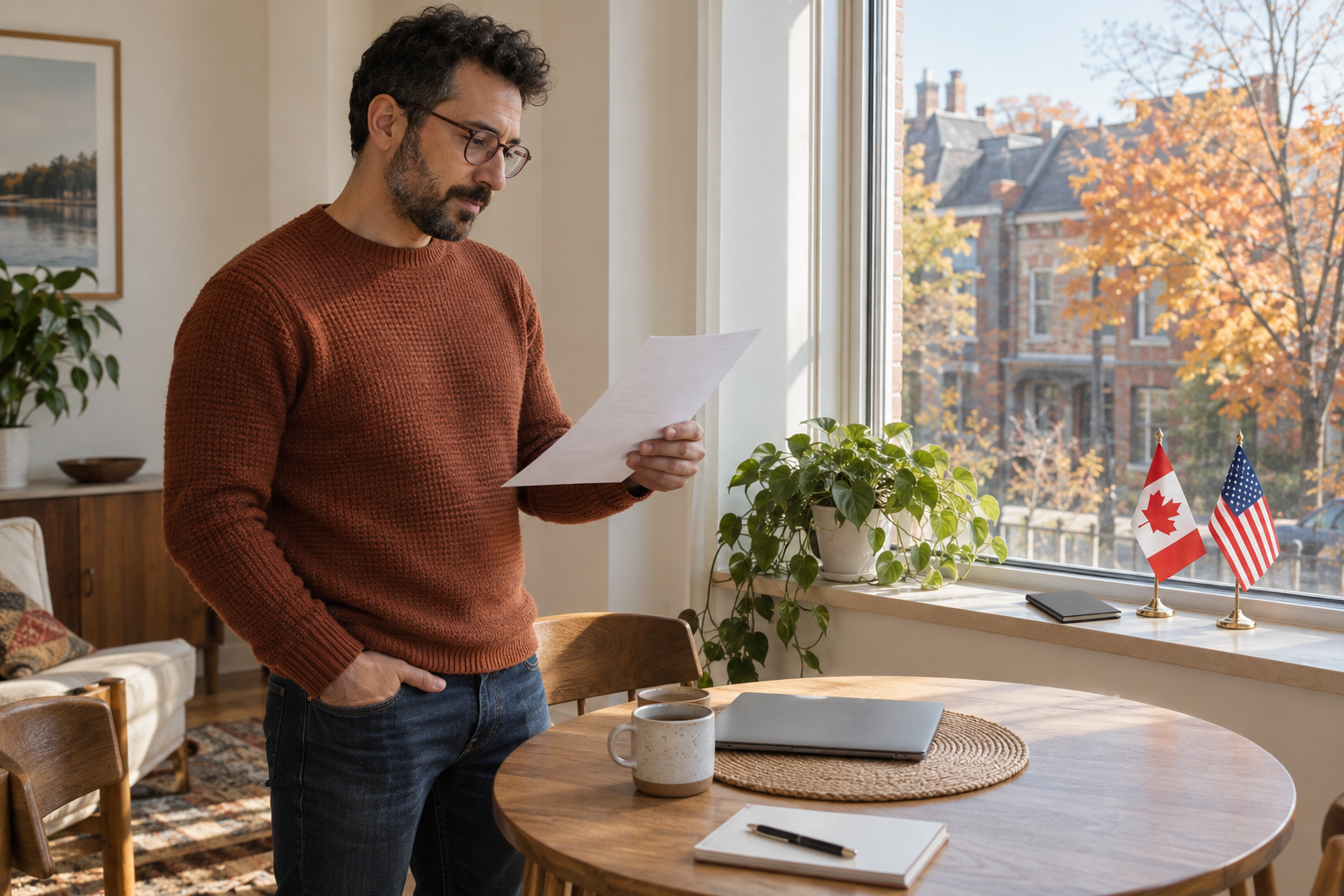 Man reviewing travel paperwork in a Canadian home with Canadian and U.S. desk flags beside the window.