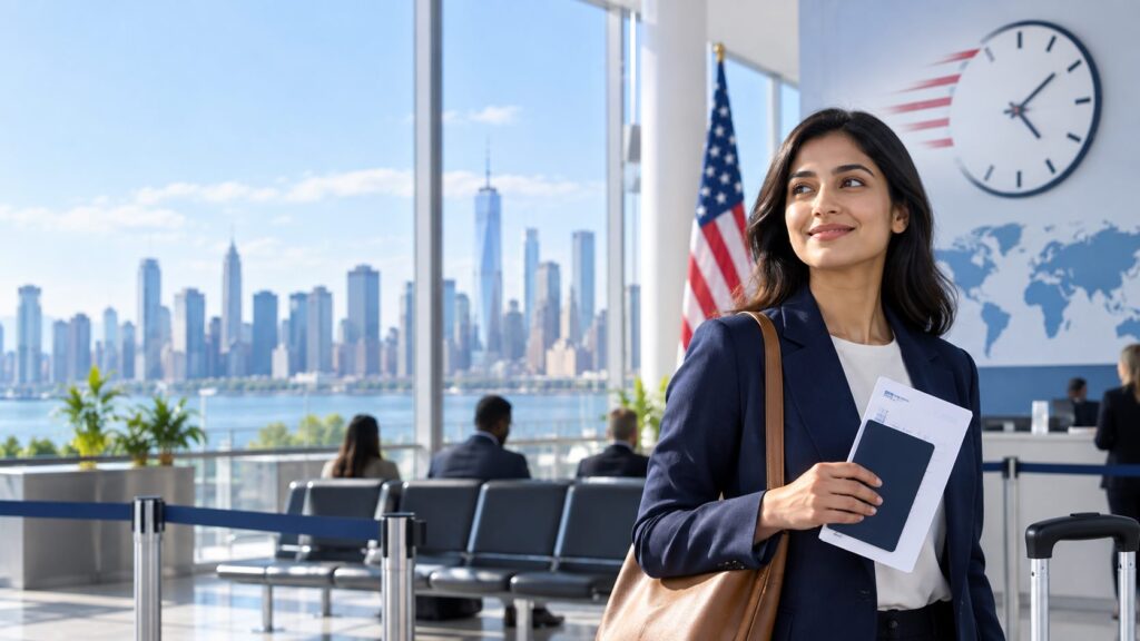 Traveler preparing for a U.S. visa appointment in a modern consular waiting area