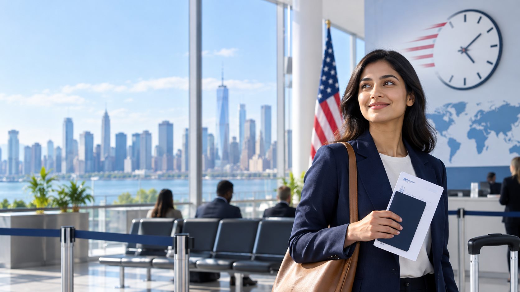 Traveler preparing for a U.S. visa appointment in a modern consular waiting area