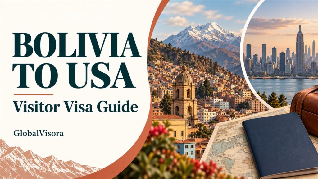 Bolivia to USA visitor visa guide with an illustrated La Paz and New York collage