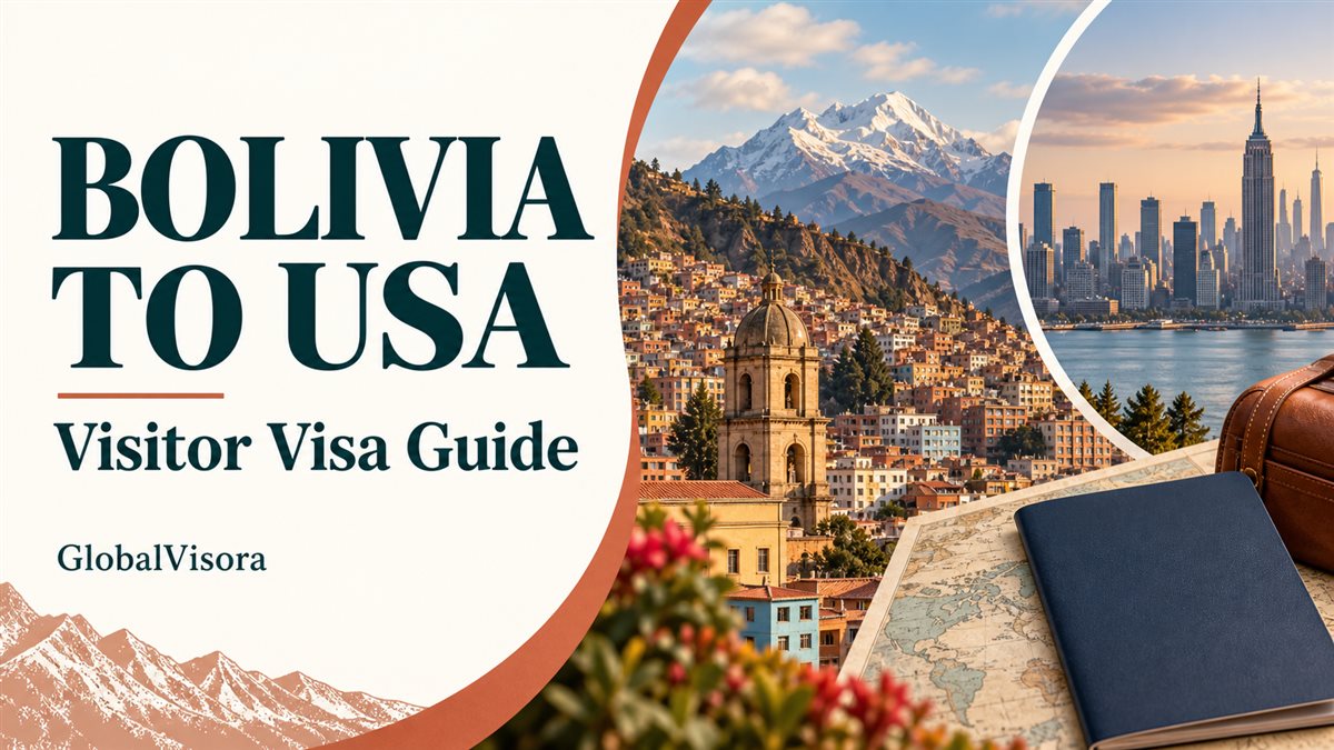 Bolivia to USA visitor visa guide with an illustrated La Paz and New York collage