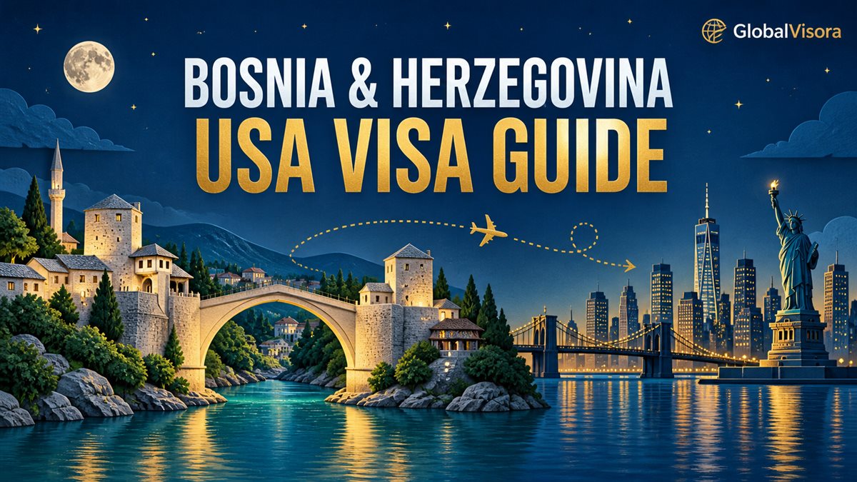 Bosnia and Herzegovina USA visa guide with illustrated Mostar bridge and an American skyline