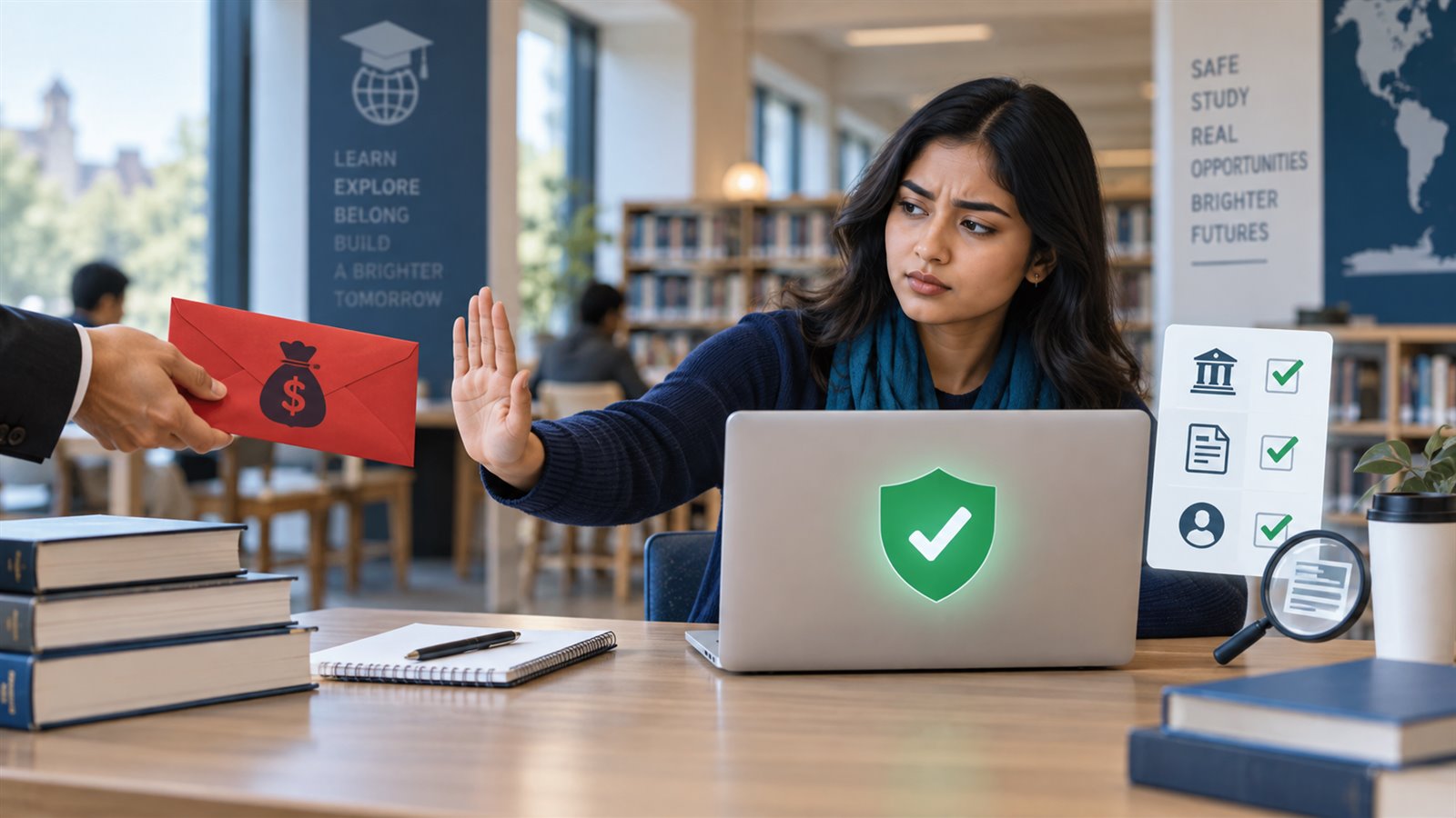 International student verifying a scholarship and rejecting a scam offer