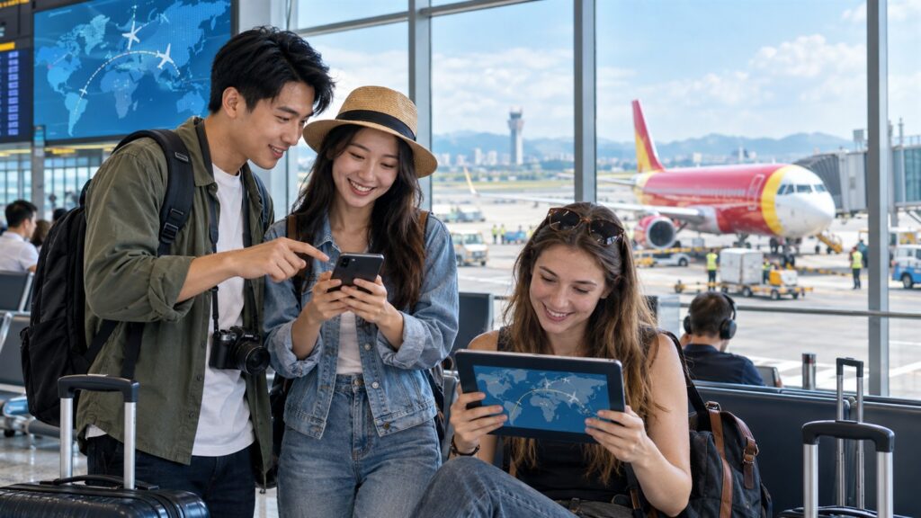 Travelers compare international flight options during an airline fare promotion.