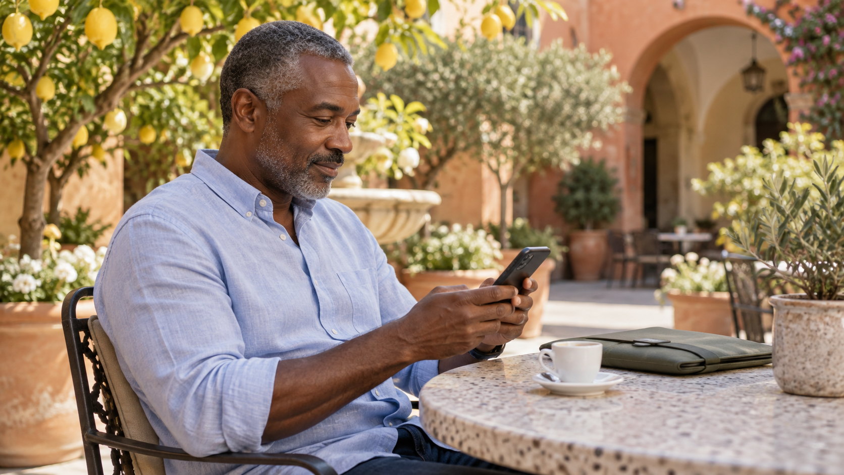 Man checking his smartphone at a sunny courtyard cafe, with a document folio and espresso on the table.