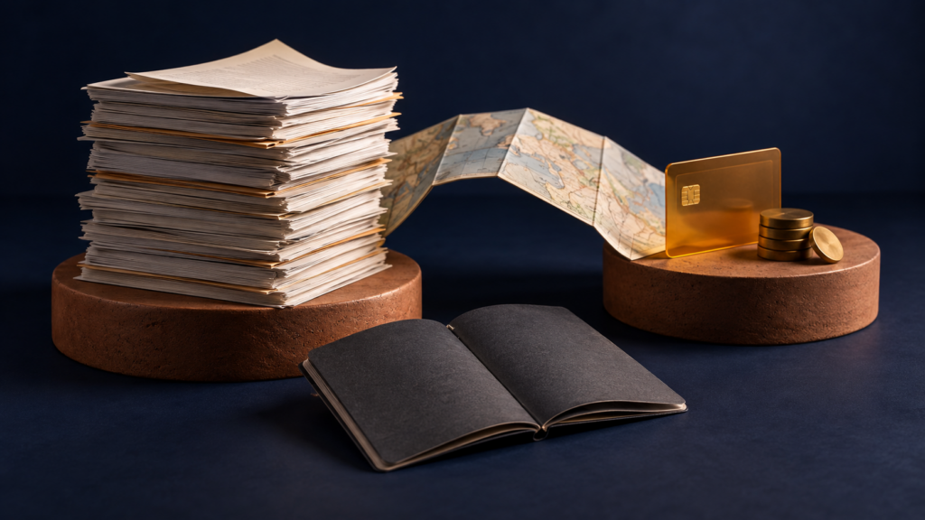 Paperwork, an amber payment card and brass tokens on terracotta plinths beside a folded map and plain travel booklet.