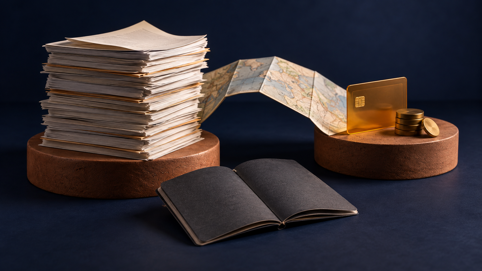 Paperwork, an amber payment card and brass tokens on terracotta plinths beside a folded map and plain travel booklet.