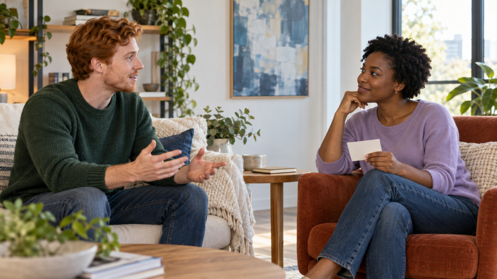 Two friends practising a conversation in a sunlit living room, with a blank note card and closed notebook.