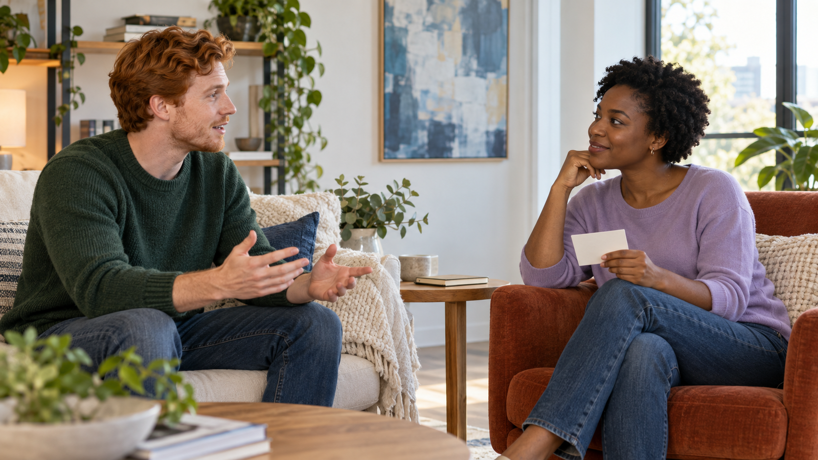 Two friends practising a conversation in a sunlit living room, with a blank note card and closed notebook.