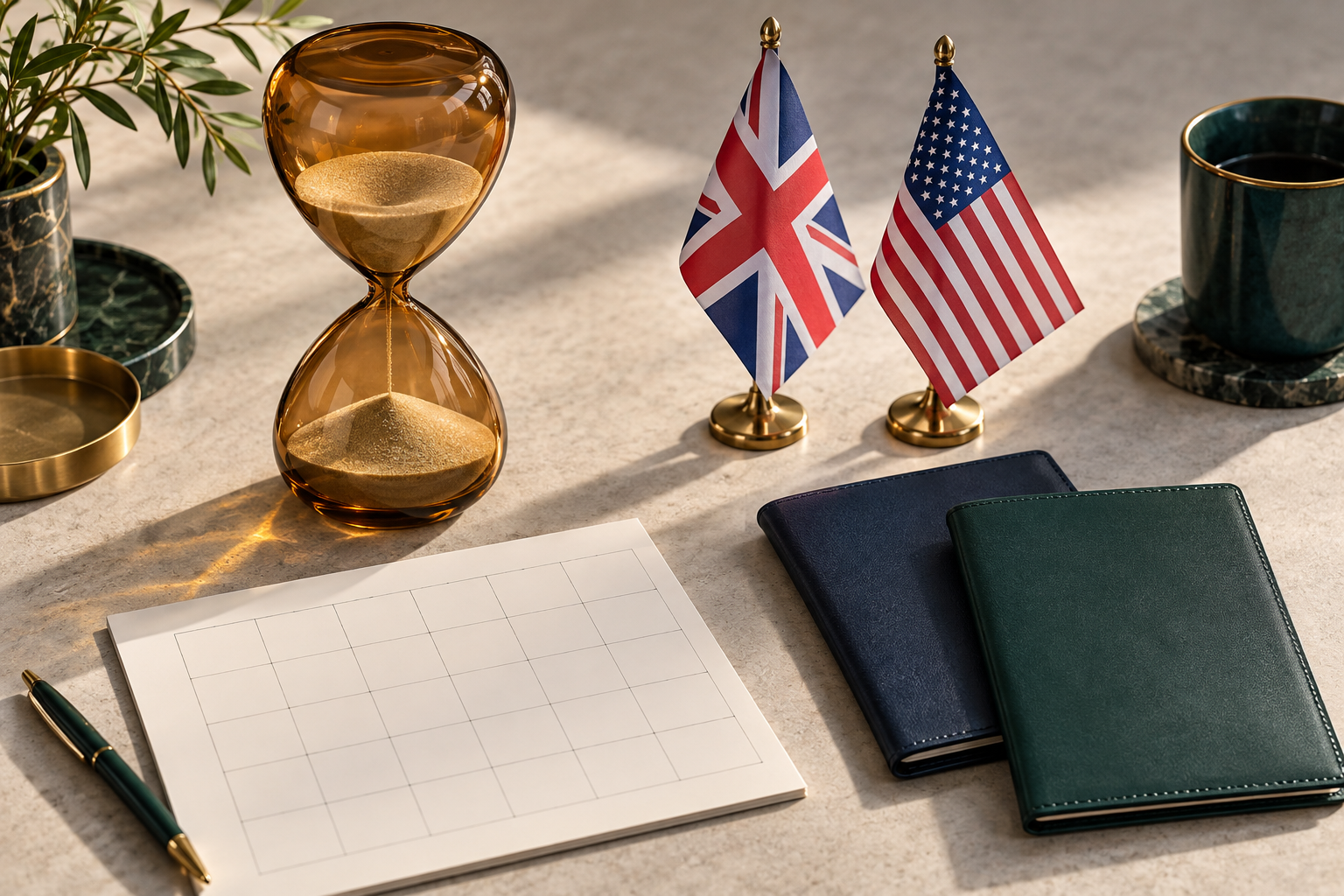 Amber hourglass, blank calendar and document folders beside UK and U.S. flags