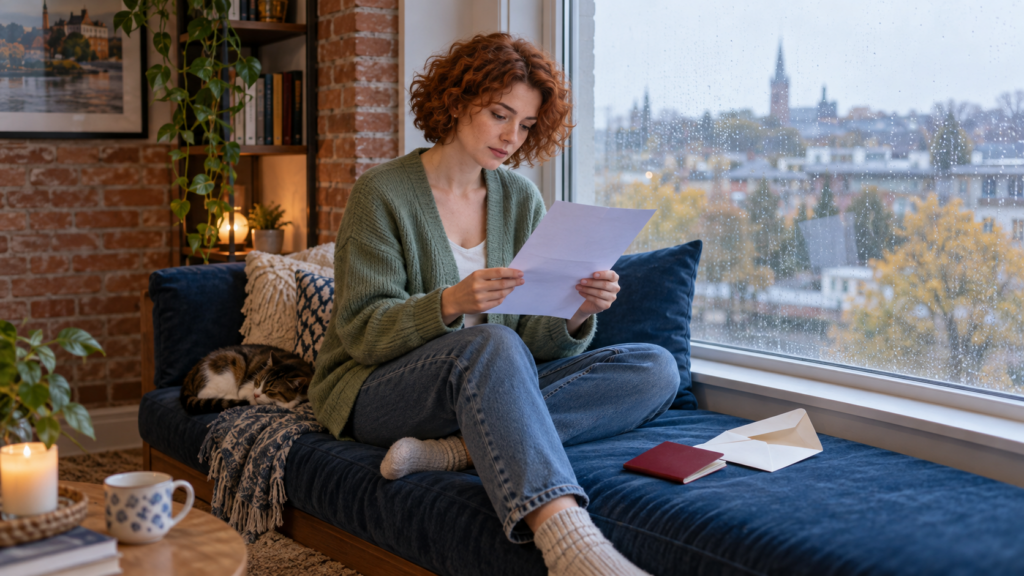 Woman reading a decision letter on a blue window bench beside an envelope and plain travel booklet.