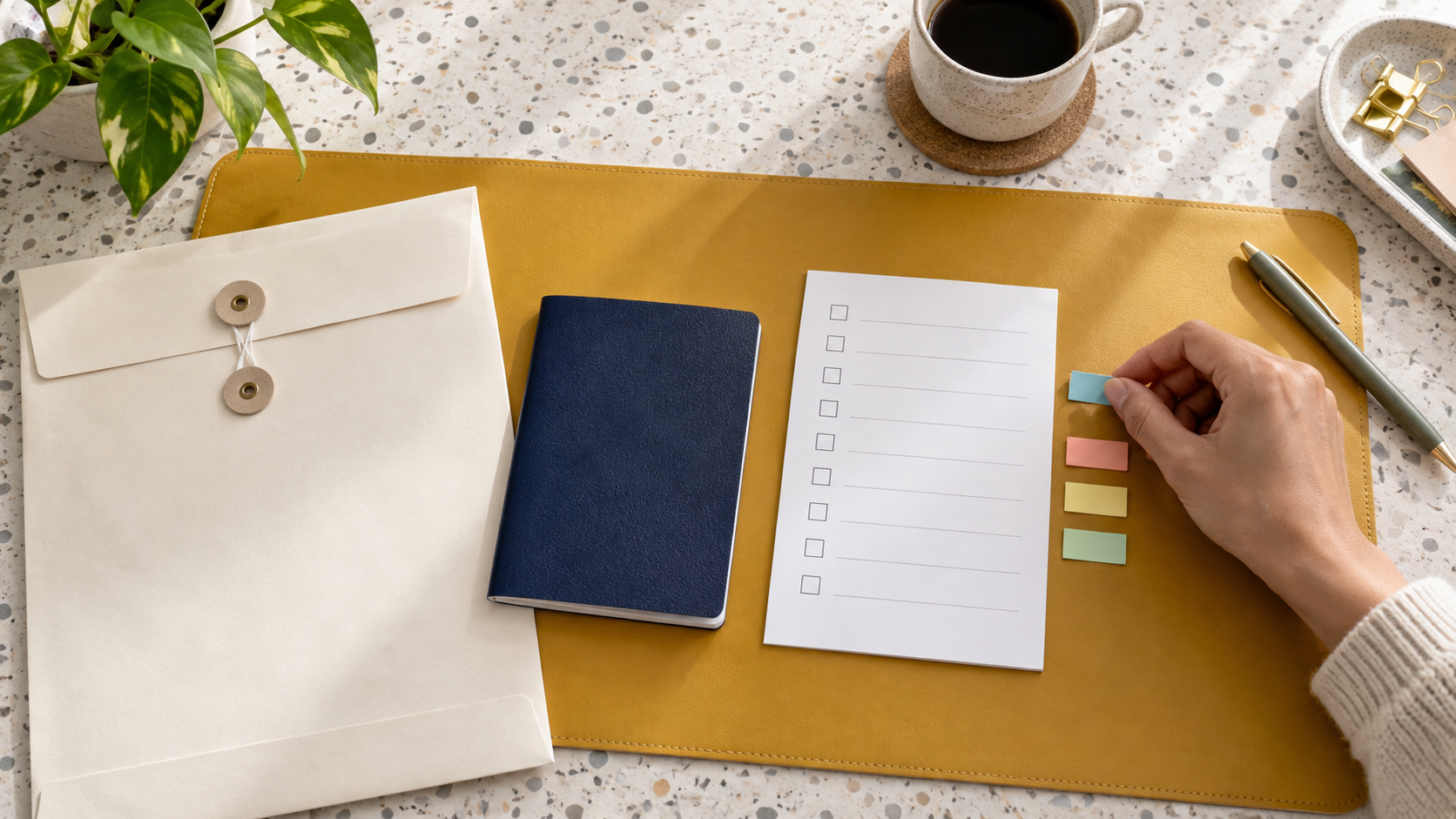Overhead view of a hand organizing index tabs beside a checklist, document envelope and unmarked passport booklet.