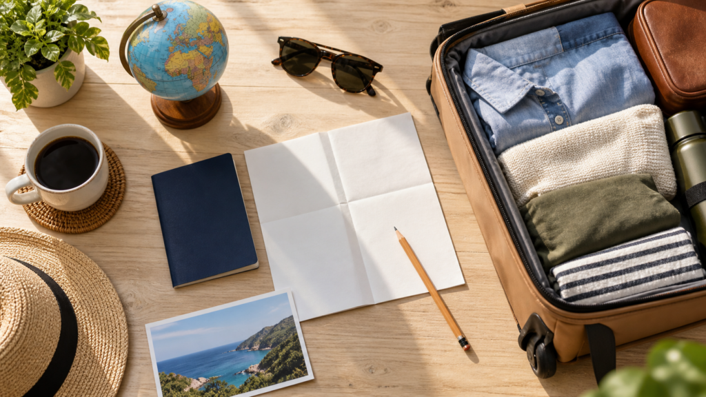 Passport, globe and itinerary paper beside a packed suitcase for an overseas visit