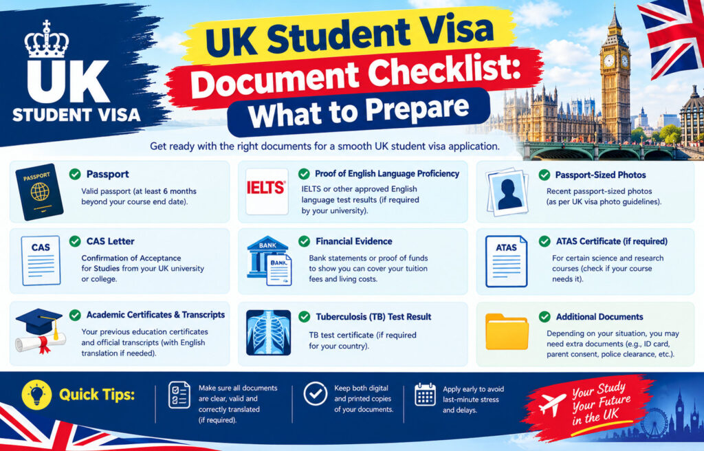 UK Student Visa Document Checklist , UK student visa documents and passport checklist